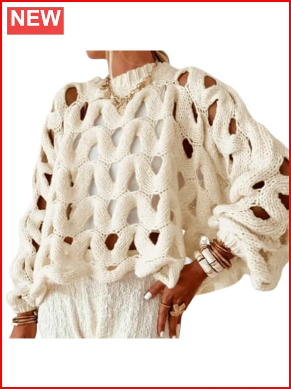 Womens Hollow Out Crochet Chunky Knit Pullover Sweater Oversized Long Sleeve